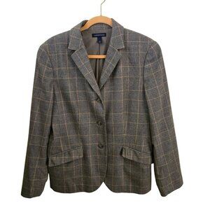 Lands' End Wool Cashmere Plaid 3 Button Blazer Academia Fully Lined Size 12